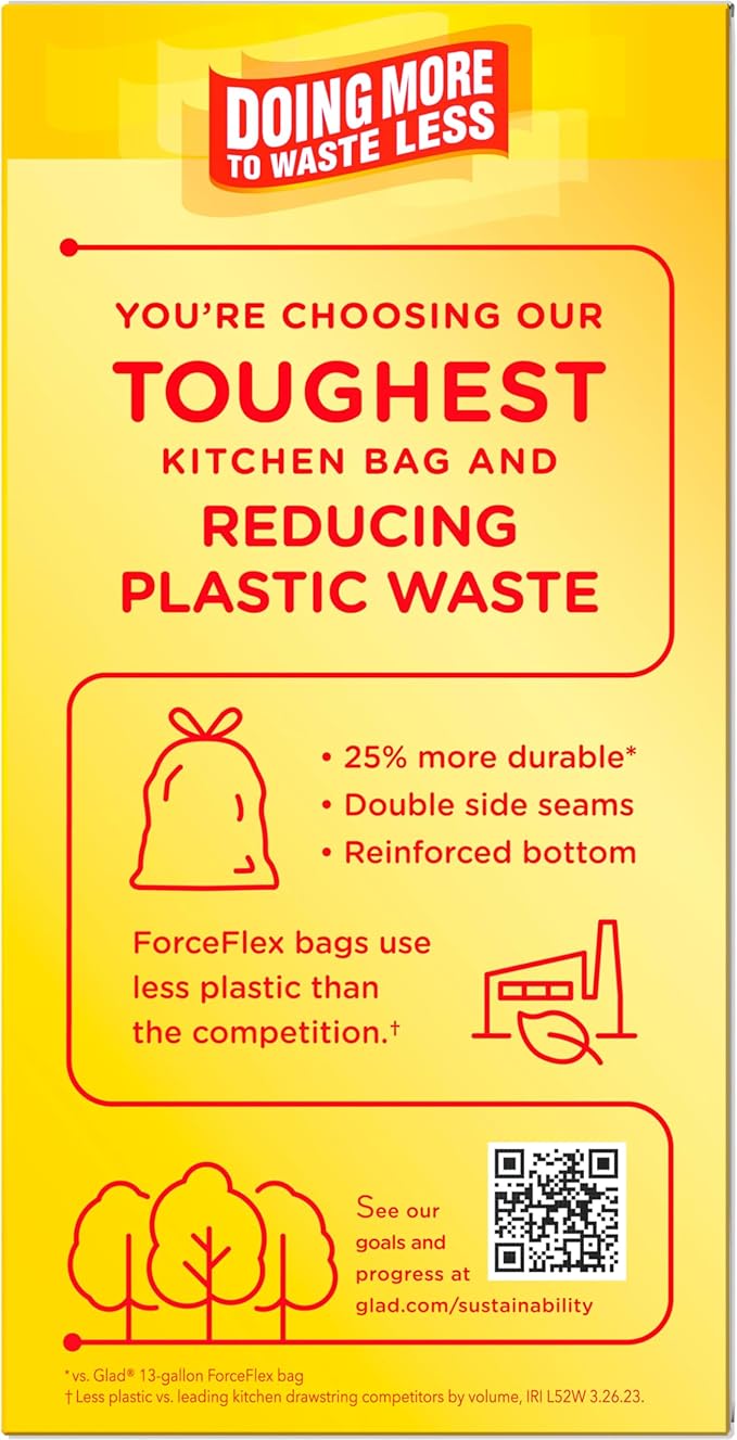 Glad Kitchen Trash Bags, 13 Gallon, Fresh Clean | ForceFlex MaxStrength | Tall Kitchen | 34 Count, Pack of 6
