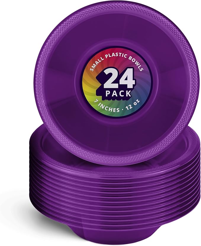 DecorRack 24 Small Plastic Bowls, 7 inch Disposable 12 oz Serving Bowl, Fruit Snack, Popcorn, Soup, and Salad, Kids Birthday and Holiday Party Supplies, Purple (Pack of 24)