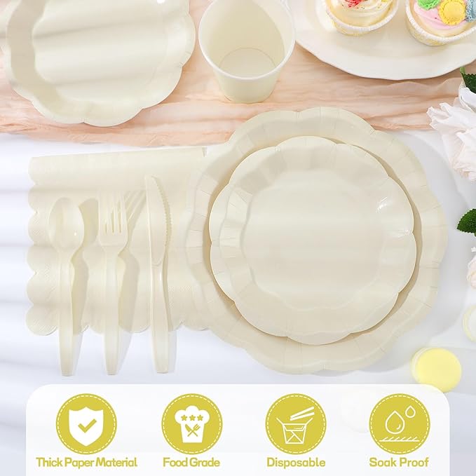 NatNarr 175 Pcs Ivory Plates and Napkins Set, 25 Guest Ivory Party Supplies Include Scalloped Plate Paper Napkin Cup Fork Knives Disposable Plastic Cutlery for Birthday Wedding Baby Shower Party