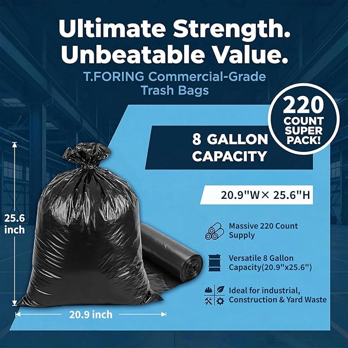 8 Gallon Trash Bags Heavy Duty - 30 Liters Black Garbage Bags,0.94 Mil Thick,220 Count,Medium Leakproof and Unscented Wastebasket Can Liners for Kitchen Home Toilet