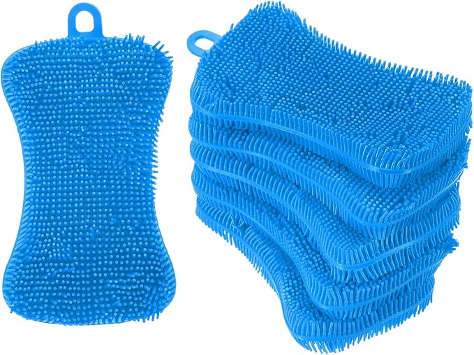 uxcell Silicone Dish Scrubber, 6 Pack Reusable Dishes Sponges Silicone Sponges Double Design for Kitchen Bathroom Cleaning Gadgets Accessories Countertop Cookware Pots Pans, Blue