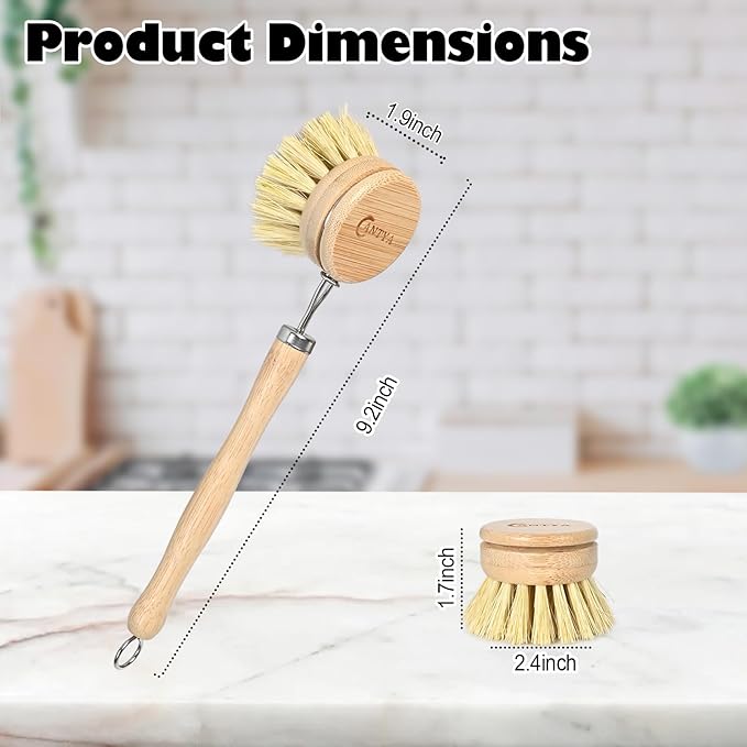 Bamboo Dish Brush with Handle - Soft Bristle, Non Toxic Dish Scrubber Compostable & Sustainable Bamboo Scrub Brush for Dishes, Pots and Pans