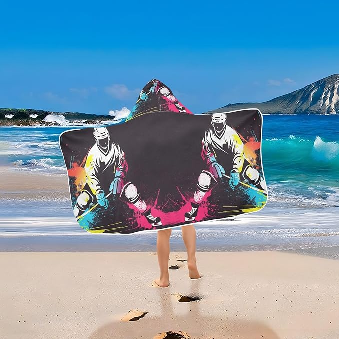 Hooded Towel for Kids Colorful Hockey Player Beach Wrap Bath Towels 50x23.5in