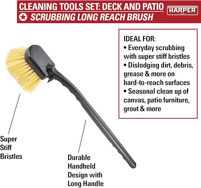 Harper 37518100 Deck/Patio Cleaning Set with 60 in. Handle Deck Brush, Heavy Duty Corn Broom, Scrubbing Brush and Long Reach Scrubbing Brush