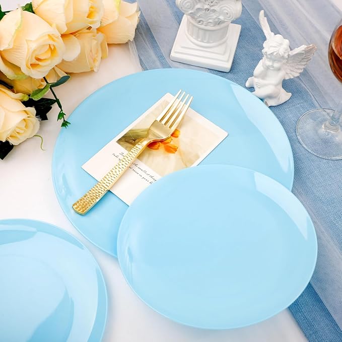 KIRE 60PCS Blue Plastic Plates Disposable - Heavy Duty Light Blue Plates Include 30Pcs 10.25” Dinner Plates and 30Pcs 7.5” for Dessert/Salad in Baby Shower/Picnic/Easter/Spring