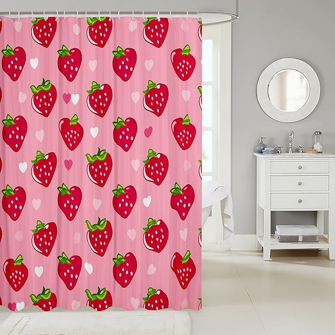 Red Strawberry Bath Curtain 72"Wx72"L,Kawaii Fruit Shower Curtain Cartoon Food Bathtubs Shower Curtain Set for Girls Women,Tropical Fruit Novelty Funny Fruit Cute Lovely Bathroom Decor Pink