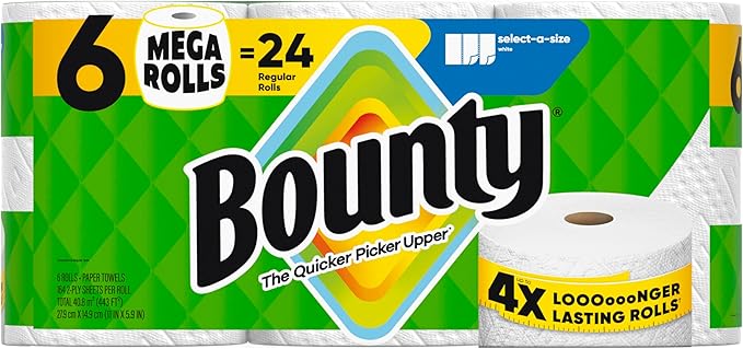 Bounty Select-A-Size Paper Towels, White, 6 Mega Rolls = 24 Regular Rolls