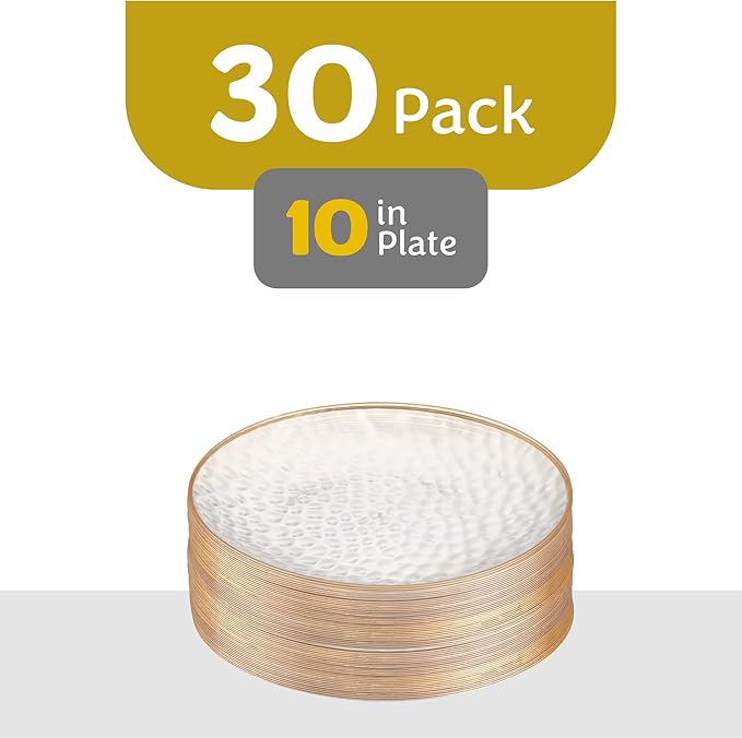 PLASTICPRO 30 Pack Hammered Plastic Plates Heavyweight Disposable Plastic Plates Elegant Clear Hammered Rim Platsic Party Dishes (Hamered Clear With Gold Rim, 10'' INCH PLATES)