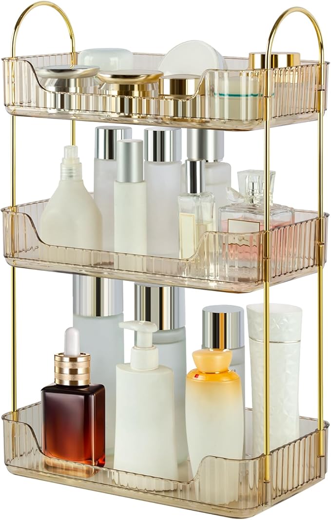 Bathroom Counter Organizer Skincare Organizer Perfume Holder for Dresser Countertop Shelf Bathroom Countertop Tray for Cosmetic Skin Care Lipstick (Gold 3-Storey)