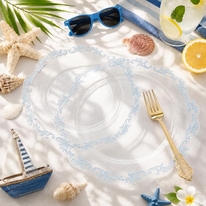 PULOTE 175-Piece Clear and Blue Plastic Plates - Blue Rim Disposable Dinnerware Set - Include 25 Dinner Plates, 25 Dessert Plates, 75 Cutlery, 25 Cups & 25 Napkins for Wedding and Parties