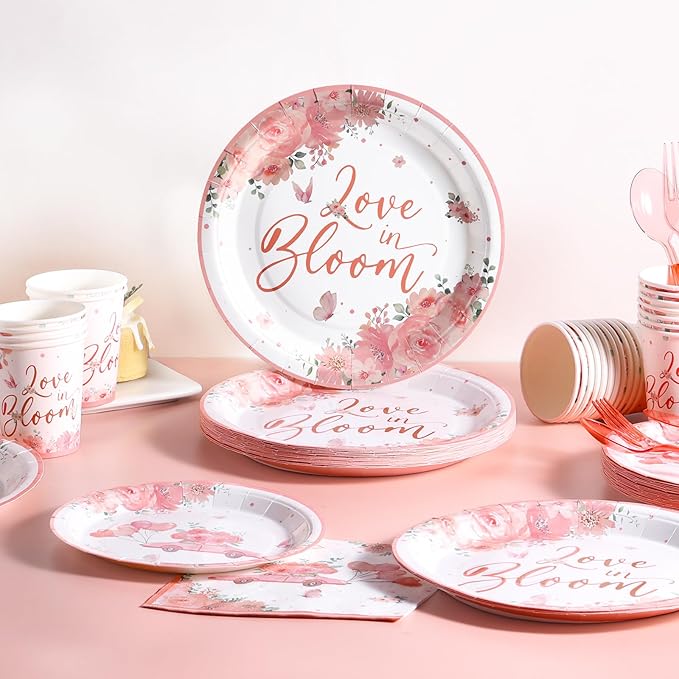 Love in Bloom Bridal Shower Decorations,168pcs Bridal Shower Plates and Napkins Sets Serves 24 for Pink Floral Wedding Party Supplies,Spring Love in Bloom Party Decorations, Baby Girl Shower