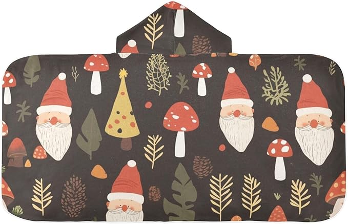 Beach Towels for Kids Cartoon Cute Gnome Mushroom Black Hooded Beach Towel for Girl Boy Lightweight Toddler Bath Towels