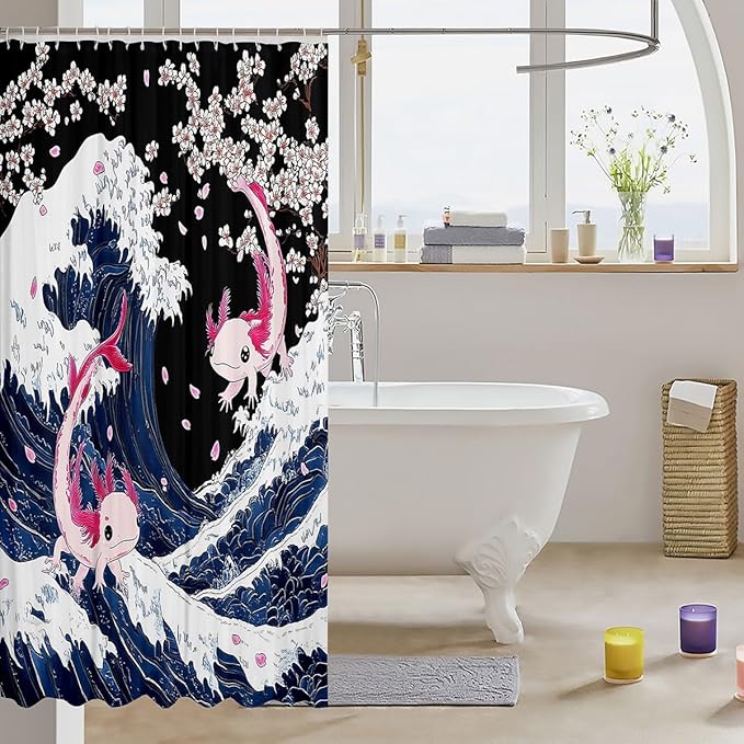 Erosebridal Axolotl Shower Curtain Set Ukiyoe Sea Waves Shower Curtain for Kids Child,Pink Cherry Blossom Bath Curtain Tropical Sealife Reptile Ethnic Kawaii Marine Life Ocean Decor 72" Wx84 L
