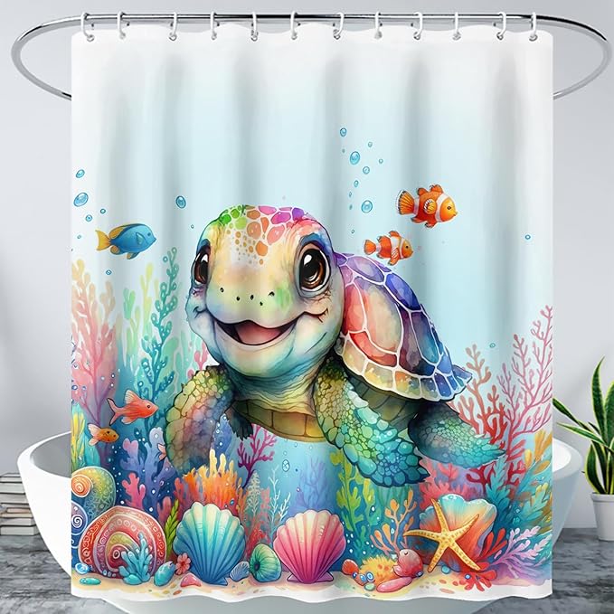 AILONEN Cute Cartoon Sea Turtle Shower Curtain,Kawaii Sea Turtle with Coral Bath Curtain for Kids,Boys,Girls,Ocean Theme Waterproof Fabric Shower Curtain Set with Hooks,36" W*72" H