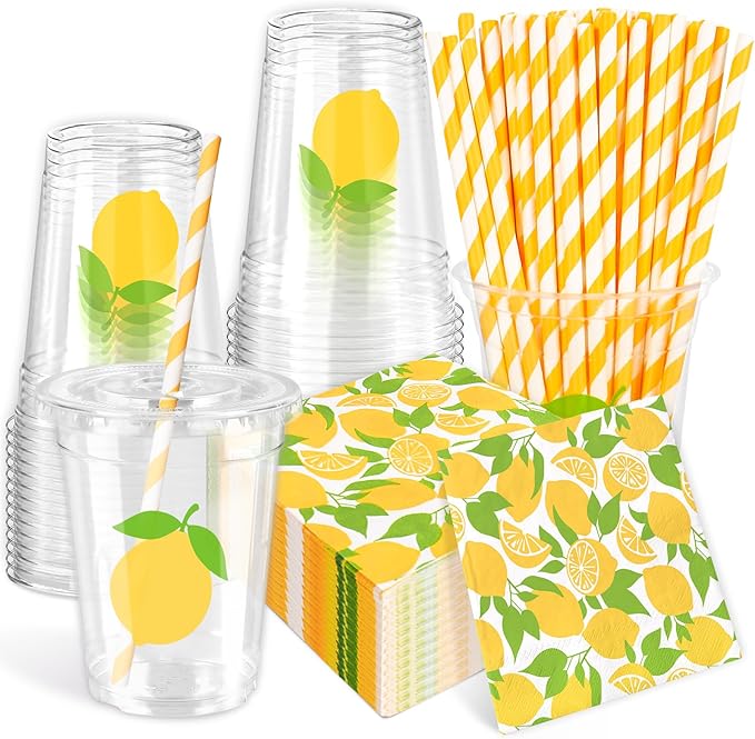 FYSUIMU 150 Pcs Summer Tableware Set for 50 Guests Yellow Lemon Paper Napkins Disposable Plastic Cups with Lids and Straws for Holiday Birthday Baby Shower Party Supplies
