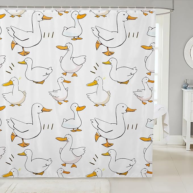 Homewish Cartoon Duck Shower Curtain,Lovely Goose Funny Sketch White Bath Curtain with Hooks,Cute Farmhouse Livestock Animal Waterproof Bathroom Accessories for Bathtublet, 72Wx84L inch