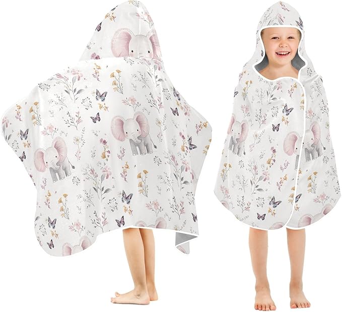 Kids Hooded Beach Towel Cartoon Cute Eelephant and Flowers Hooded Beach Bath Towel Quick Dry Toddler Bath Towels