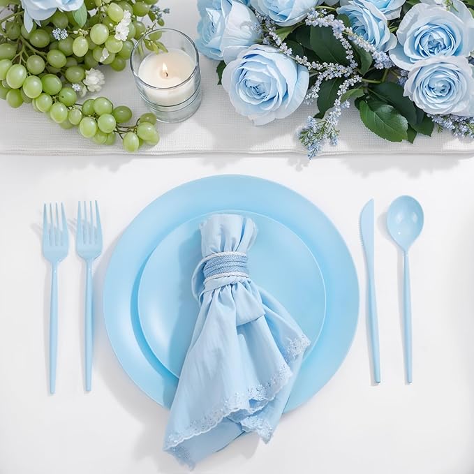 ejonirinjonir EI 150pcs Blue Plastic Plates Disposable Light Blue Baby Shower Plates Heavy Duty Dinnerware Set Plastic Silverware for Party,Wedding,Easter,Spring Afternoon Tea