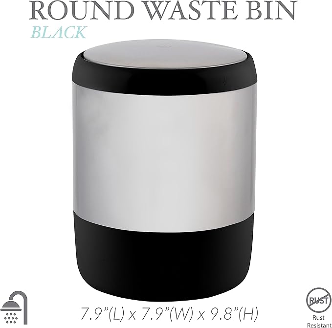 Bath Bliss Smooth Matte Stainless Waste Bin and Toilet Brush | Dimensions: 7.9" x 7.9" x 9.8"- Wastebasket | Dimensions: 4.7"x 4.7"x 16.5"- Toilet Brush| Bathroom Accessories | Black
