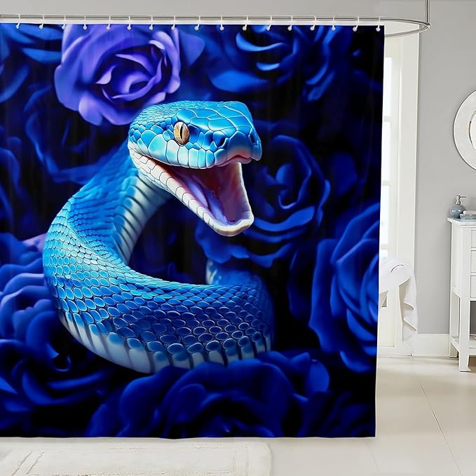 Snake Shower Curtain Set for Boys Girls,Blue Little Dragon Reptile Waterproof Shower Curtain Youth Man,Exotic Tribe Tropical Desert Wildlife Bath Curtain,Serpentine Bathroom Accessories 72" Wx84 L