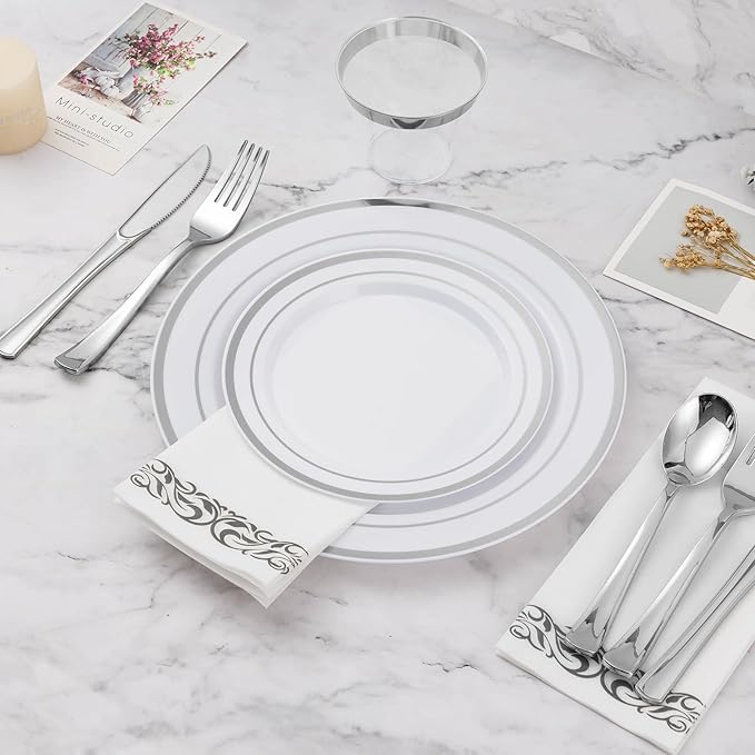 BESTVIP 50PCS 7 Inch Silver Plastic Plates, Disposable Salad Dessert Plate with Silver Rim, Heavy Duty Disposable Plastic Plates for Parties, Wedding and Birthday, Events