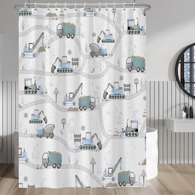 Excavator Kids Shower Curtain Sets Cartoon Construction Truck Tractor Car Bathroom Decor Fabric Polyester Waterproof 72x96 Inches with 12 Hooks for Boys Machinery Vehicle Bath Curtains