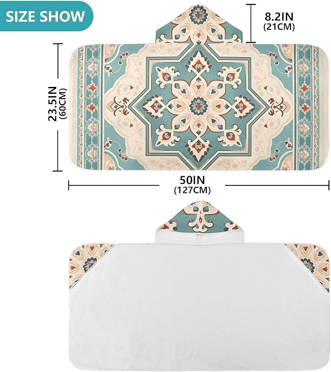 Hooded Towel for Kids Retro Blue Ethnic Floral Beach Wrap Bath Towels 50x23.5in