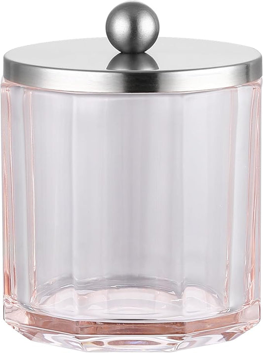Blush Translucent Apothecary Octagional Shaped Glass Canister Jar With Metal Lid Cover for Bathroom Organization, Cotton Balls, Q Tips, and Small Accessories, Bathroom Storage