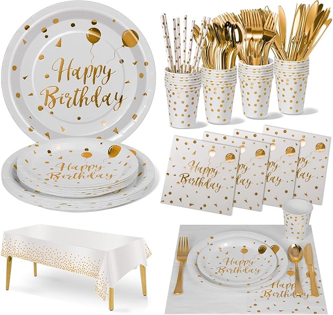Nkaiso Birthday Party Tableware, 161 Pieces White Gold Party Supplies, Party Dinnerware Sets Include Paper Plates Napkins Cups Silverware, for Shower Engagement Parties Decoration -20 Serves