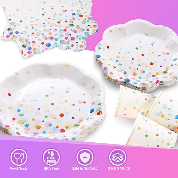 Colorful Birthday Plates and Napkins 200PCS Confetti Happy Birthday Party Plates Set Disposable Tableware Serve 50 for Art Paint Party Supplies Bubble Decorations-Colorful Paper Plates