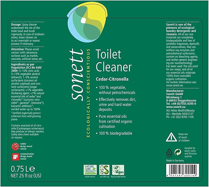 Sonett Organic Toilet Cleaner Cedar-Citronella Pure Essential Oils From Certified Organic Cultivation 25fl oz (Pack of 6)