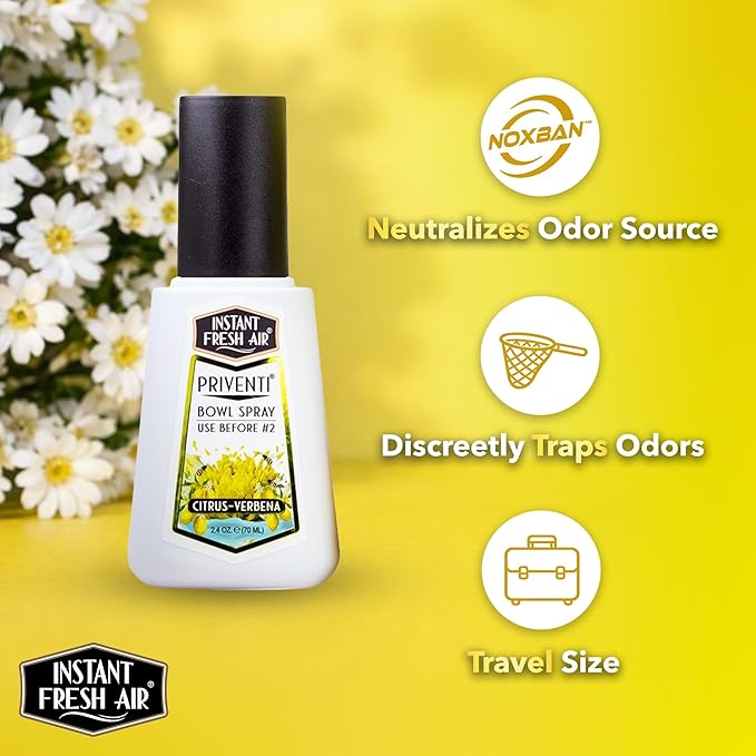 Priventi Toilet Spray & Bathroom Spray Odor Eliminator - Up to 120 Uses - Travel Size Odor Elimination for #2 - For Home, Office, Schools, Travel - Citrus Verbena Fragrance - 2.4 oz