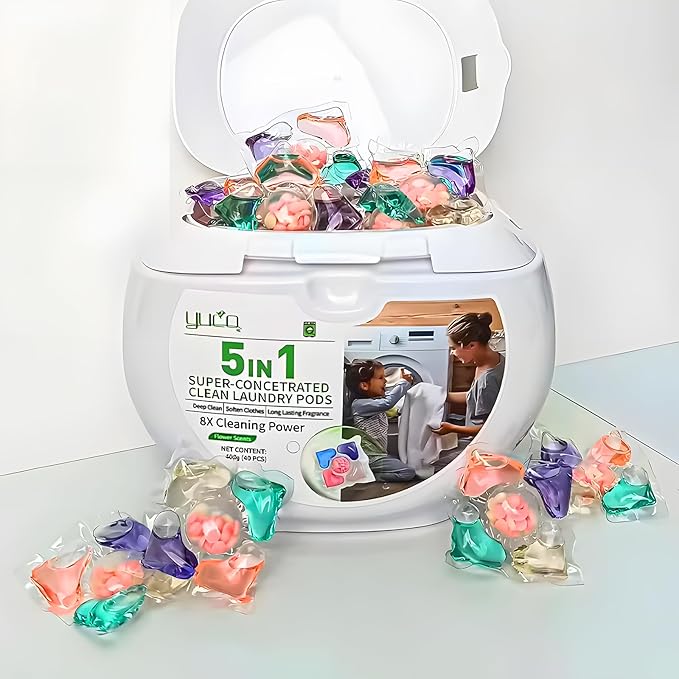 YUCO Pods Laundry Detergent Hypoallergenic,Powerful 5IN1 Detergent Pod,Scent Beads New Formula,Helps to Keep Garment Fresh Clean,Soft and Fragrant (Floral Ocean,1 Box of 40 Pod,Net 8g/pod,Net 320g)