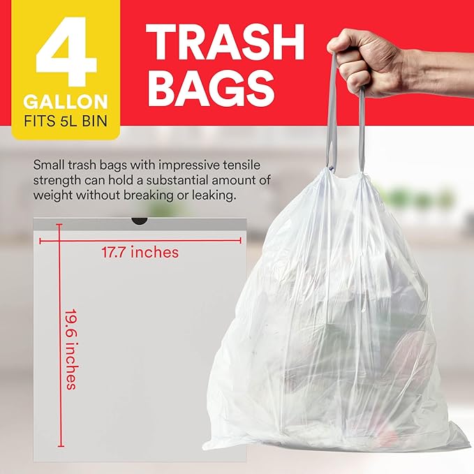Small Trash Bags 4 Gallon Trash Bags Drawstring - 57 White Unscented Small Garbage Bags | Waste Basket Plastic Trash Can Liners | Bathroom House Cleaning Supplies