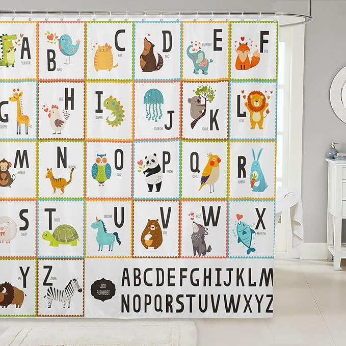 Kids Animal Shower Curtain Children Toddler Alphabet Shower Curtains with Hooks Cute Cartoon Wild Animals Bath Curtain Vibrant Room Decor Educational Waterproof Cloth Fabric Bathroom Decor 72x84 Inch