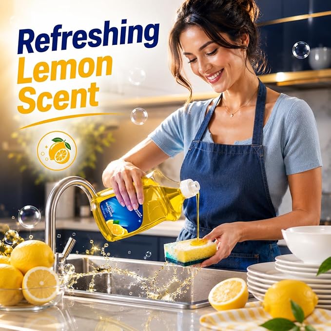 Liquid Dish Soap, Lemon Scent Dishwashing Liquid, Grease Cleaning Formula with Easy Flip Cap, Large 52 fl oz Bottle for Kitchen Use
