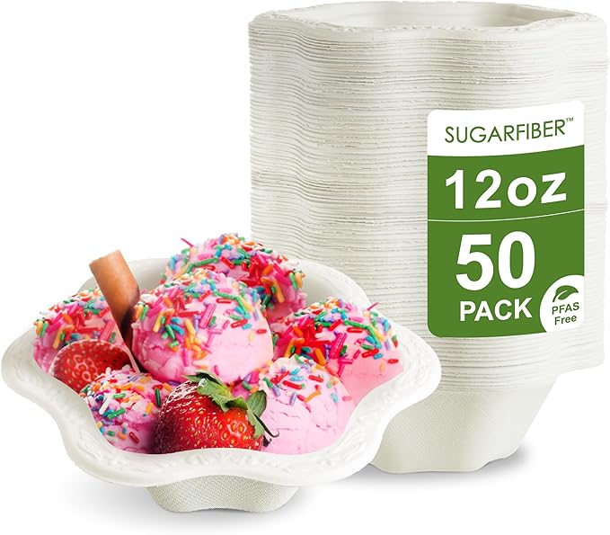 [50 COUNT]12oz Compostable Floral White Paper Bowls, Scalloped Party Bowls, Eco Friendly Plastic-Free ice cream Bowl, Acanthus Natural Sugarcane Disposable Bagasse Bowls for Dessert, New Version