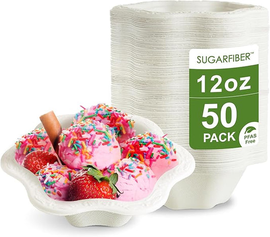 [50 COUNT]12oz Compostable Floral White Paper Bowls, Scalloped Party Bowls, Eco Friendly Plastic-Free ice cream Bowl, Acanthus Natural Sugarcane Disposable Bagasse Bowls for Dessert, New Version
