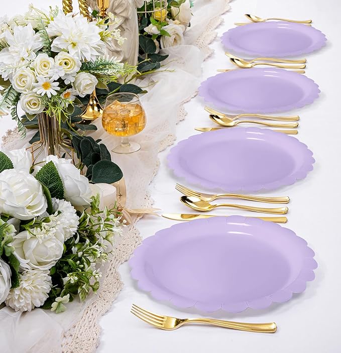 HEIPINIUYE 25 Pieces Light Purple Paper Plates 7 Inch Lavender Scalloped Plates Disposable Dinner Plate for Wedding Baby Shower Birthday Party Dessert Plate