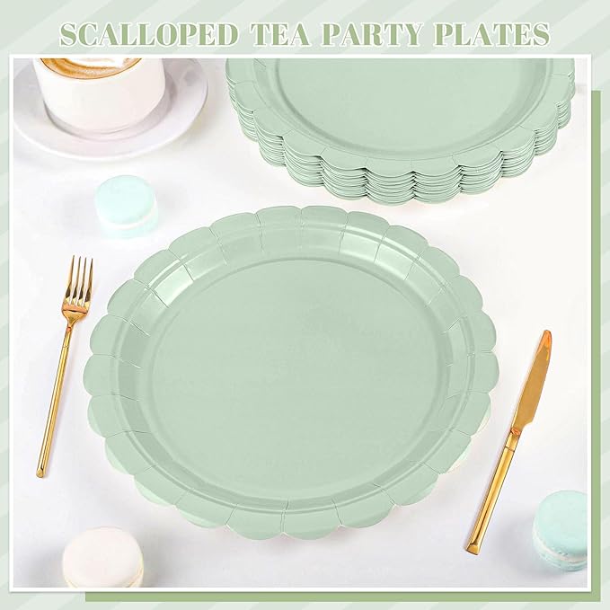 NatNarr 30 Pcs Sage Green Paper Plates 9 Inch Disposable Scalloped Wedding Plates Cute Dessert Cake Plate Party Dinner Plate for Spring, Bridal Baby Shower, Engagement, Birthday