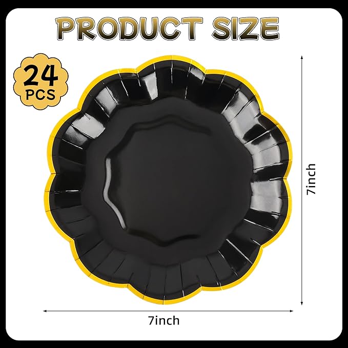 AimFun 24 Pcs Graduation Black and Gold Scalloped Paper Plates 7 Inch Disposable Dessert Plates with Gold Foil Elegant Cake Plate for Wedding Birthday Baby Shower Party Supplies