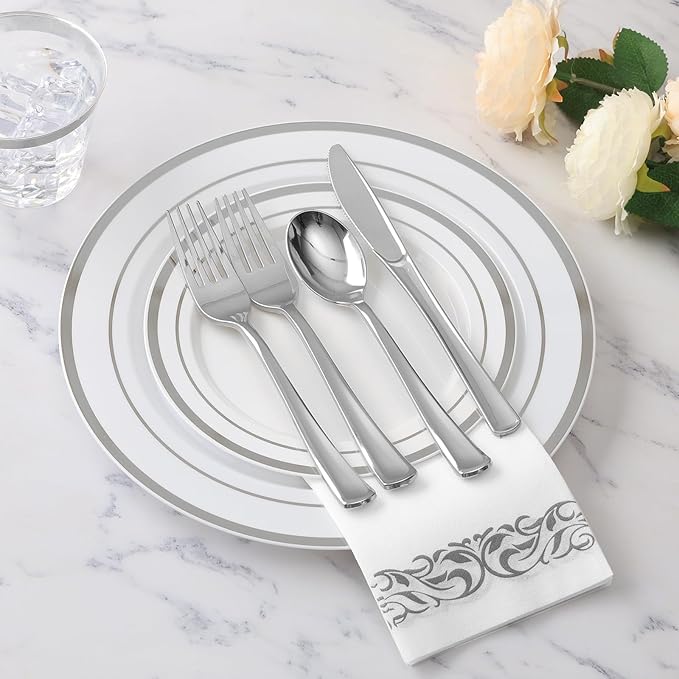 Goodluck 350 Pieces Silver Dinnerware Set for 50 Guests, disposable Plastic Plates for Party, Include: 50 Dinner Plates, 50 Dessert Plates, 50 Paper Napkins, 50 Cups, 50 Silverware set