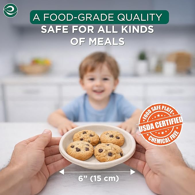 ECO SOUL Compostable Paper Plates 6 Inch, 1000 Pack – Small Disposable Dessert Plates, Heavy Duty, Natural Bagasse, Leak Resistant, Microwave Safe, Eco-Friendly Round Appetizer Plates for Party & BBQ