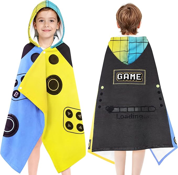 Hooded Towels for Kids - Superfine Fiber Video Game Gamepad Toddler Hood Bath Towels Beach Hooded Poncho Absorbent Pool Toddler Swim Bath Wrap for Boys & Girls 3-10 Years, 50 * 30 inches