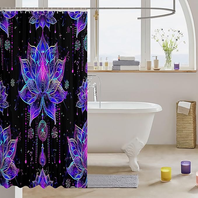 Erosebridal Lotus Shower Curtain Mandala Bath Curtain,Boho Floral Shower Set Exotic Tribal Damask Flowers Nordic Watercolor Bohemian Decor,Teal Purple Bathroom Decor Aesthetic 72" Wx78 L