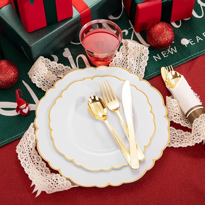 Morejoy 175PCS Gold Plastic Plates，White Gold Disposable Plates with Pre Rolled Napkins:25 Dinner Plates,25 Dessert Plates,25 Spoons,25 Forks,25Knives,25Cups,25Napkins for Party & Mother's Day