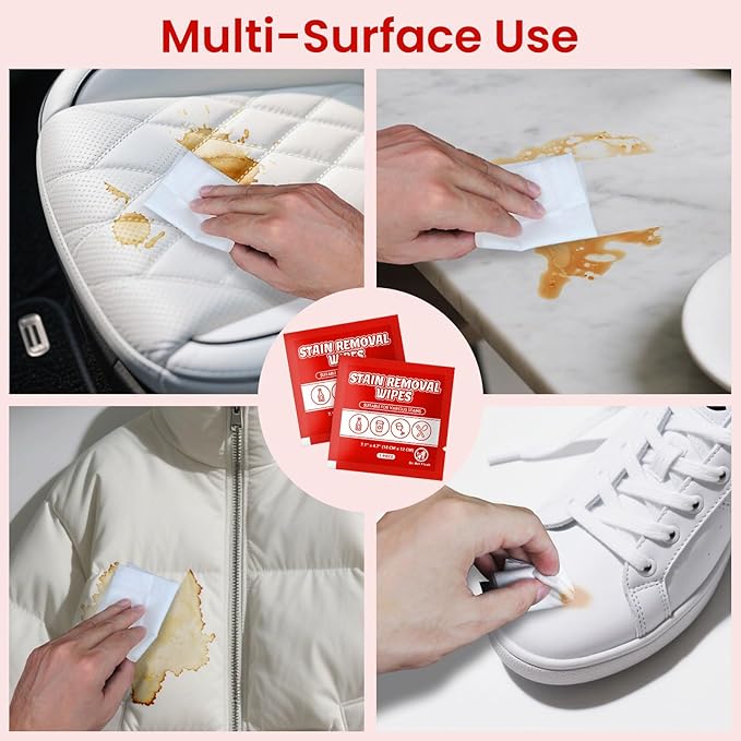 Stain Remover Wet Wipes Bulk, Individual Wrapped Clothes Portable Travel Messy Eater Cleaning Laundry Stain Removal Wipes Pocket Size for Clothing Fabric/Shoes/Wine/Fast Food 7.1 x 4.7 Inch (Red 50)