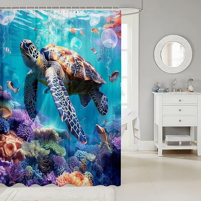 Kids Sea Turtle Waterproof Shower Curtain 72"Wx84"L Jellyfish Bath Curtain Coastal Creature Shower Curtain for Boys Girls Youth, Under Sea Shower Curtain Stall Ocean Sealife Toilet Bath Mat Decor