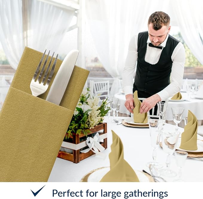 PAW - Linen Feel Napkins with Built-in Flatware Pocket, Elegant Paper Pre-Folded Napkins for Silverware, Wedding Party, Dinner, Birthday, Gatherings, Monocolor Gold, 50 Count