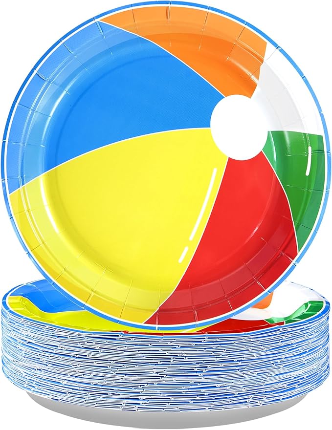 Grencian 50 Pcs Beach Ball Paper Plates 10" Large Summer Pool Party Plates Disposable Heavy Duty Beach Ball Tableware for Kids Summer Holiday Pool Party Supplies Baby Shower Birthday Decorations